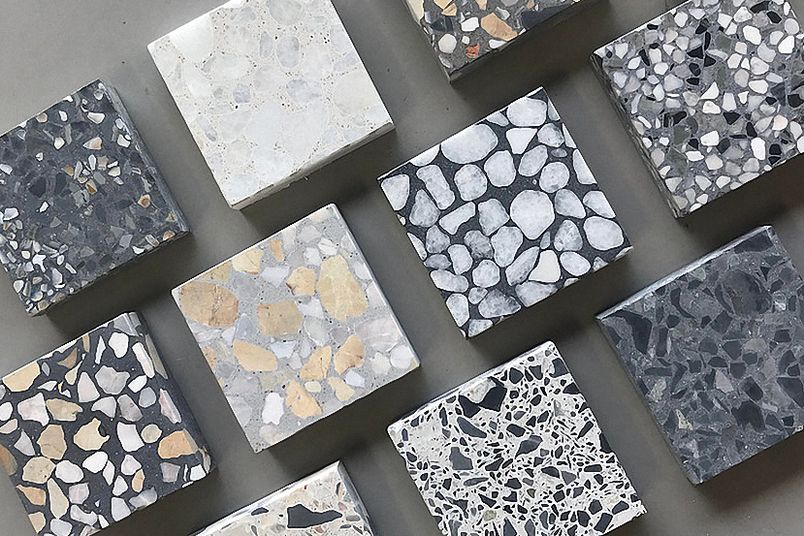 Venice terrazzo concrete tiles and slabs from Concrete Collaborative are available in a wide range of colour options.