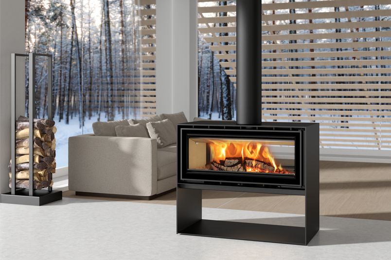 ADF's Linea 100 Duo L freestanding fireplace features a square-edged design.