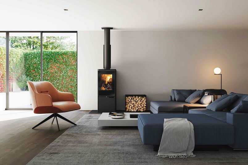 The Spartherm freestanding wood fireplace features a vertical design.