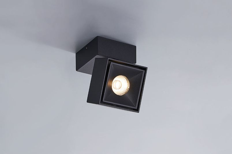 LUKA adjustable square downlight shown in powder-coated black finish.