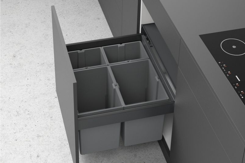 Waste collecting systems by Hettich are suitable for pull-outs or hinged doors.