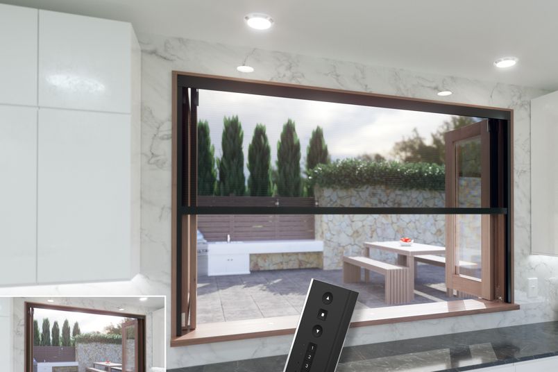 Brio’s 312 automated pleated insect screen comes with a battery-operated remote control.