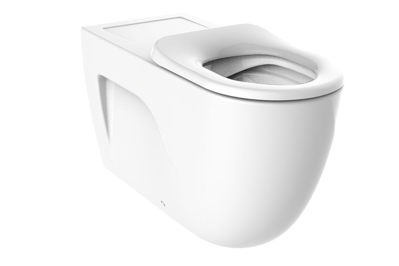 Roca’s Meridian 800 rimless back-to-wall pan with single-flap seat in white.