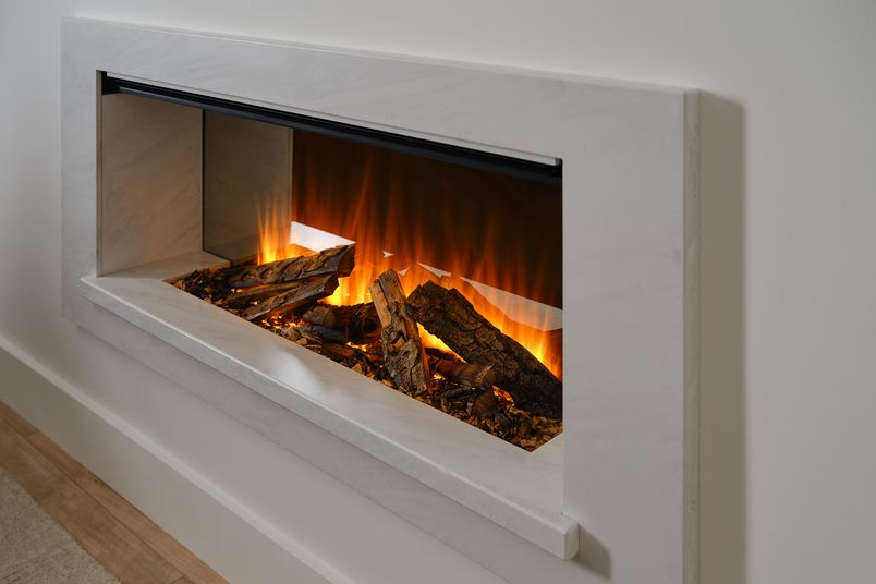 The Holbury suite is an ultra-realistic electric fireplace that incorporates an open-front design.