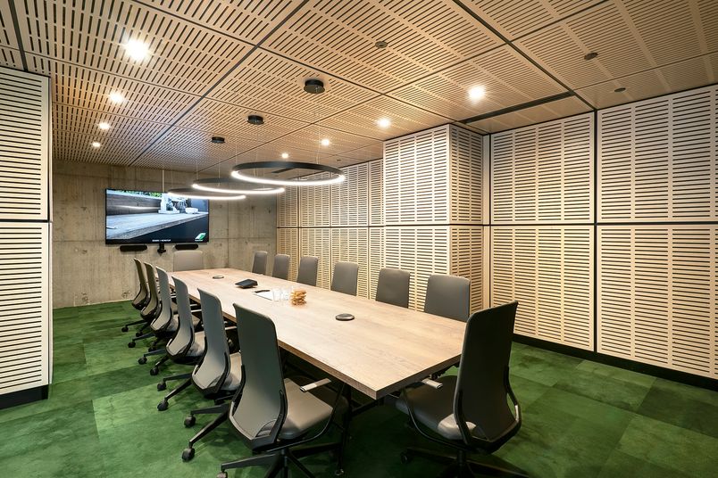 Perforated ceiling and wall panels were used for sound reduction in the ForestOne head office.