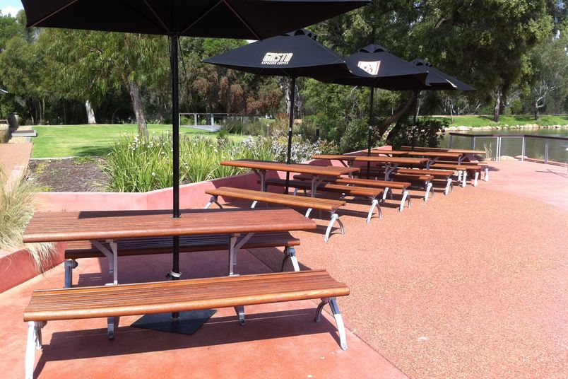 Town and Park City table sets, with cafe umbrellas, installed at Western Plains Zoo, NSW.